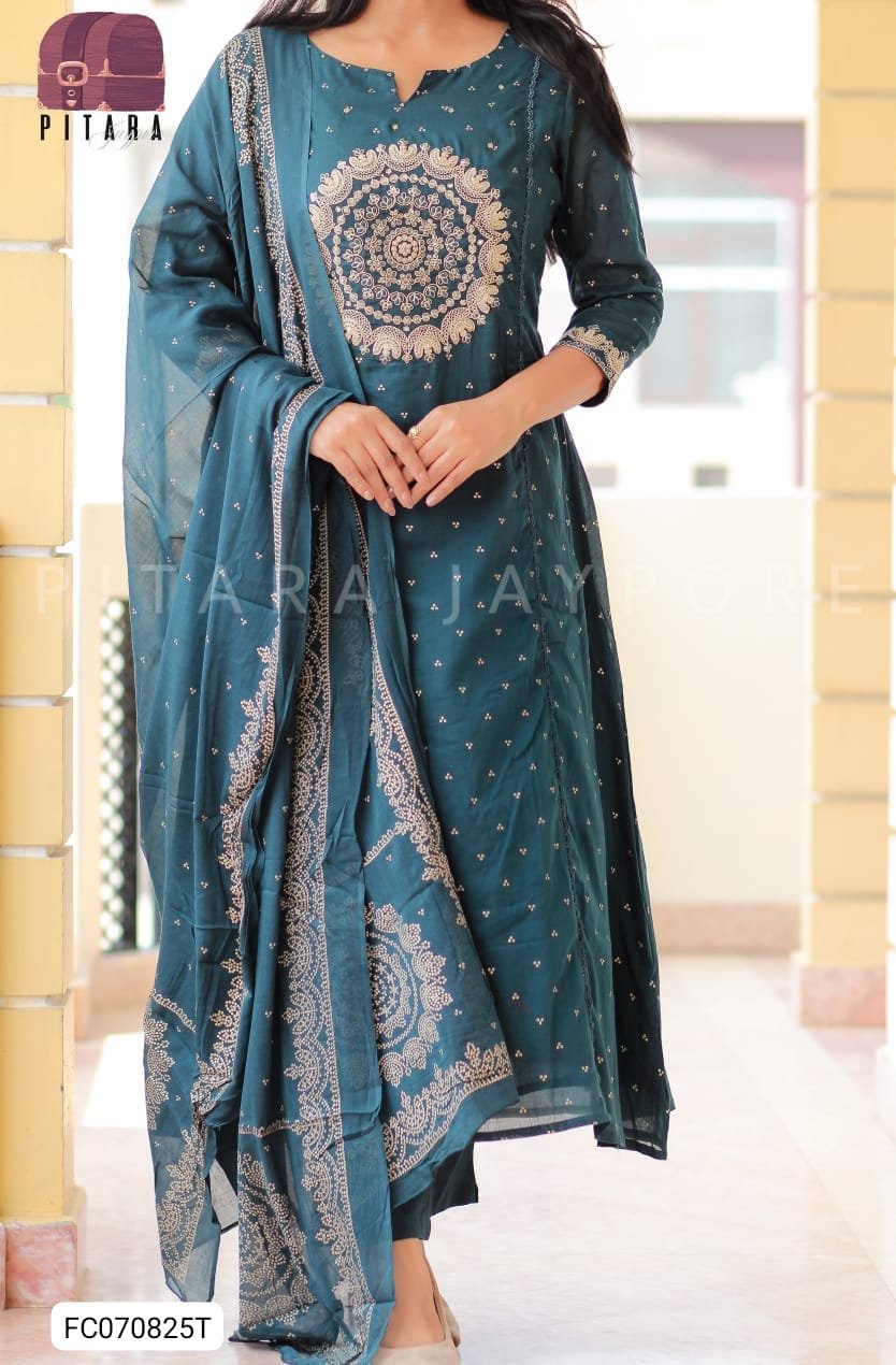 Blue Cotton Suit Set with Embroidered Dupatta